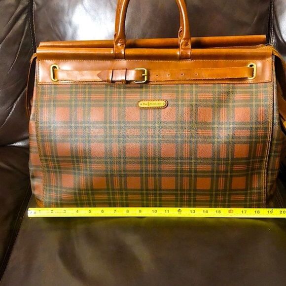 RALPH LAUREN Tartan Plaid Brown Green Doctor Bag Boston Weekend Travel Suitcase - Picture 13 of 17